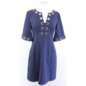 Nanette Lepore Navy Blue Textured Grommet Cutout V Neck Sheath Dress Size 2